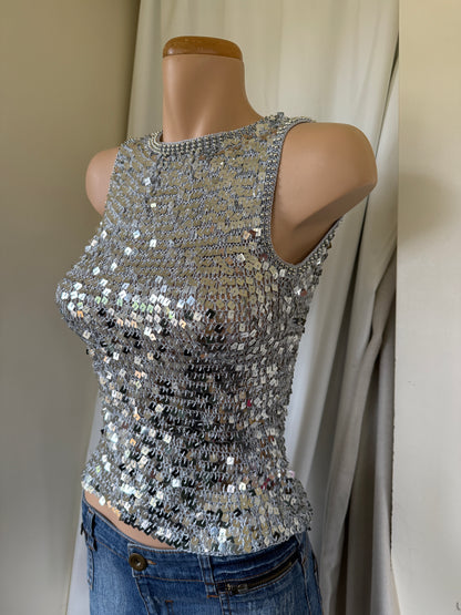 00's Silver crocheted sequin tank • Size S