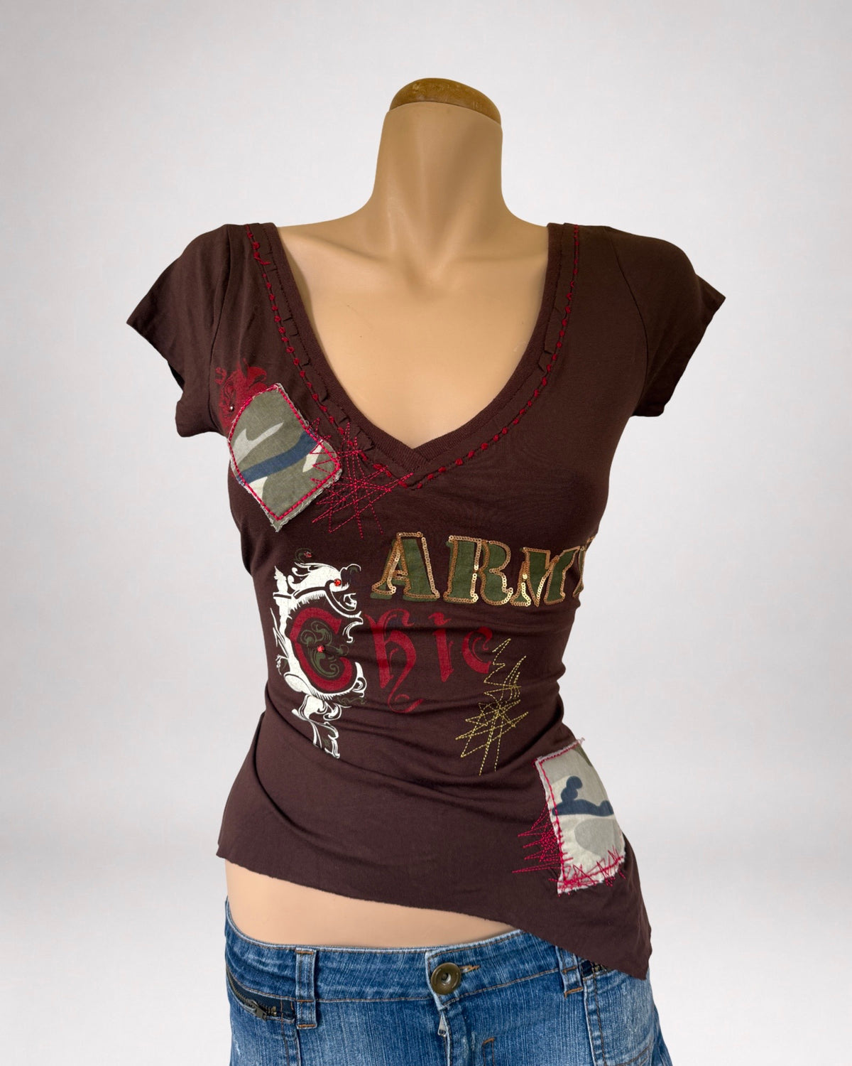 00's Army Chic print detail asym baby tee *Brown • Size M