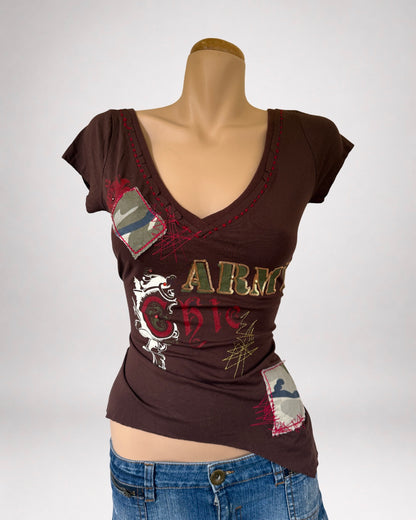 00's Army Chic print detail asym baby tee *Brown • Size M
