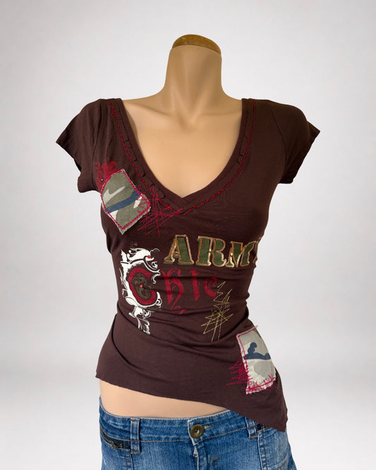 00's Army Chic print detail asym baby tee *Brown • Size M