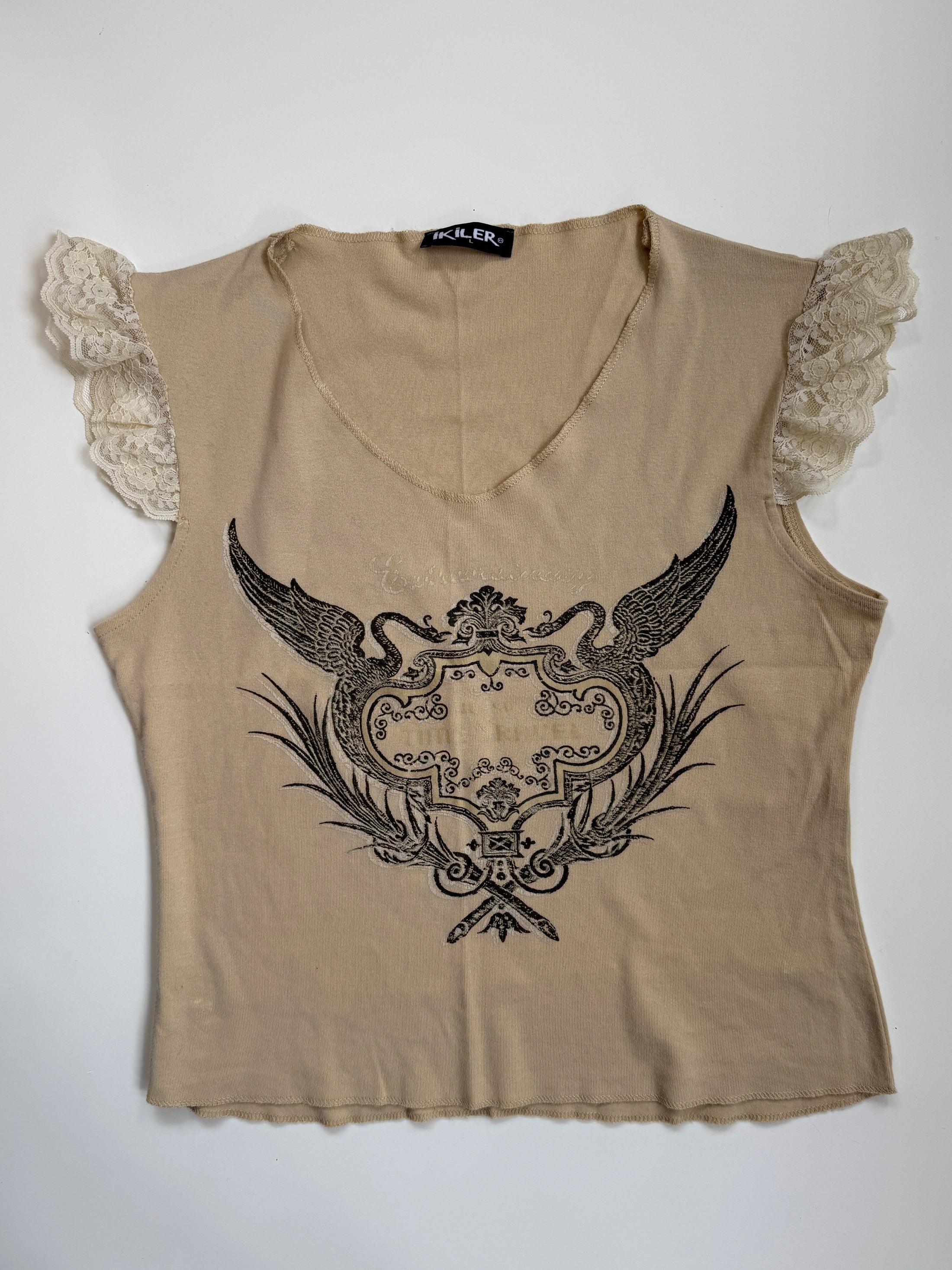 00's Print baby tee w lace trim • Size L