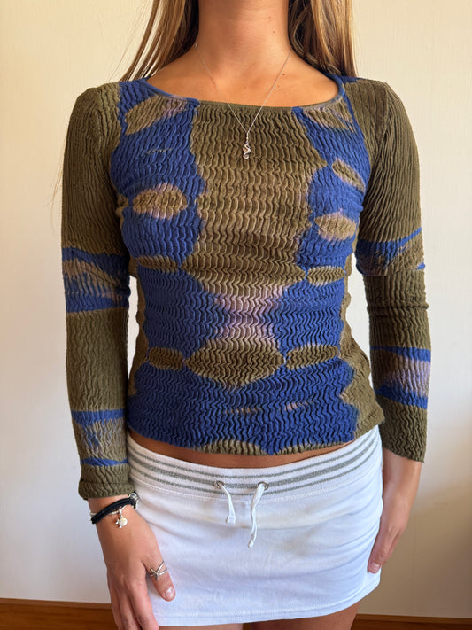 00's Khaki/Blue textured pattern long sleeve• Size S