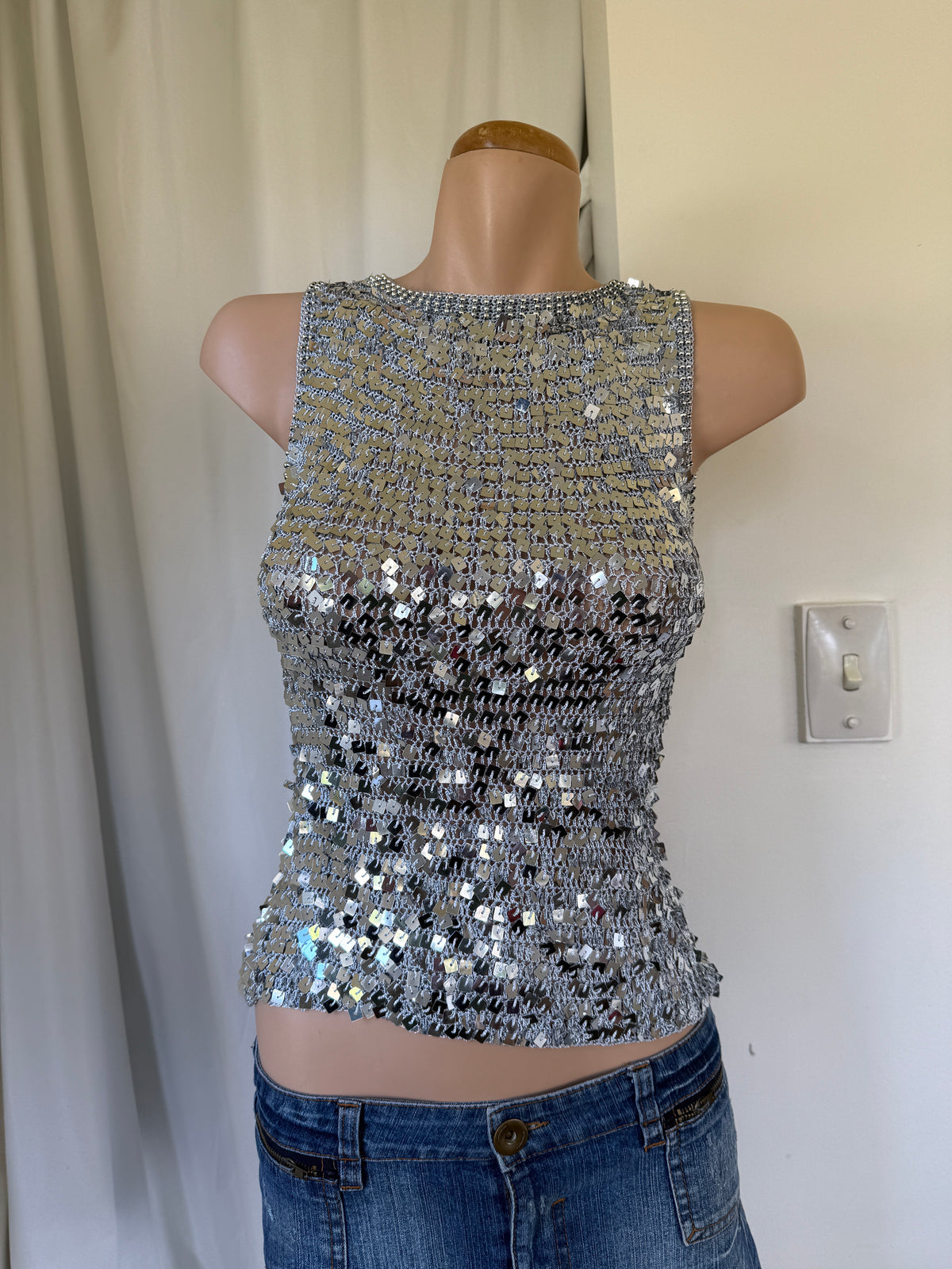 00's Silver crocheted sequin tank • Size S