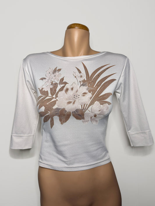 00's Flower print boat neck top w  diamantes • Size S