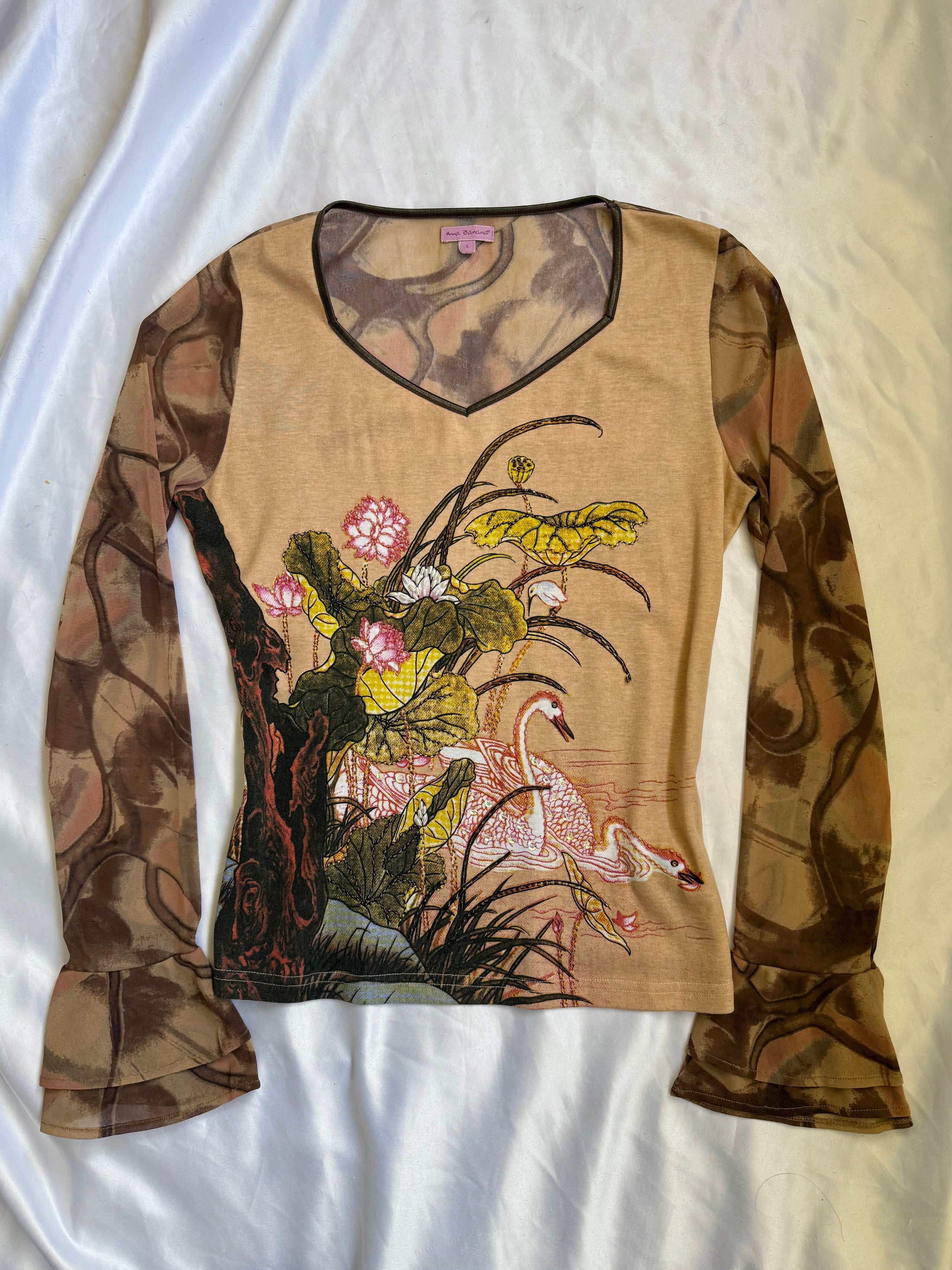 00's Ana Banana print beaded mesh cotton long sleeve • Size L