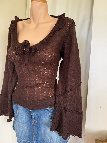00's Mohair blend bell sleeve knit w flower • Size M