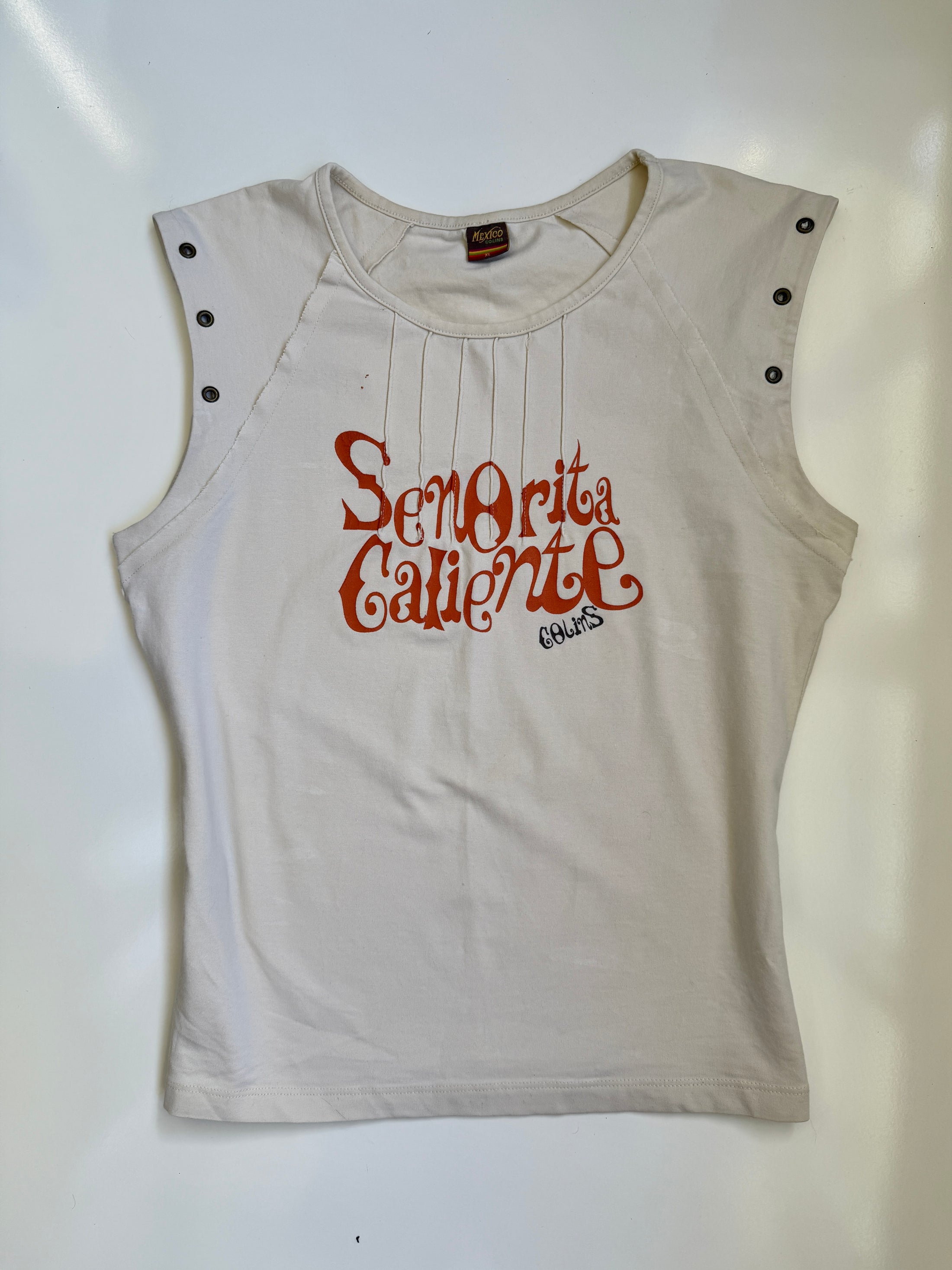 00's 'Senorita Calienta' cotton tank w grommets • Size L