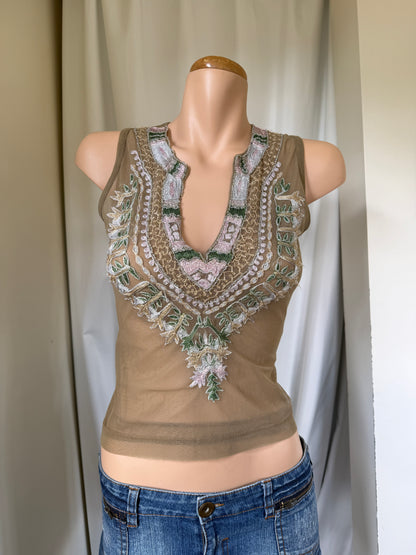 00s Morgan embellished beaded mesh tank • Size S