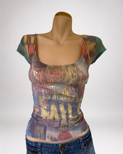 00's Mesh pop-art sequin top w bow at back • Size M