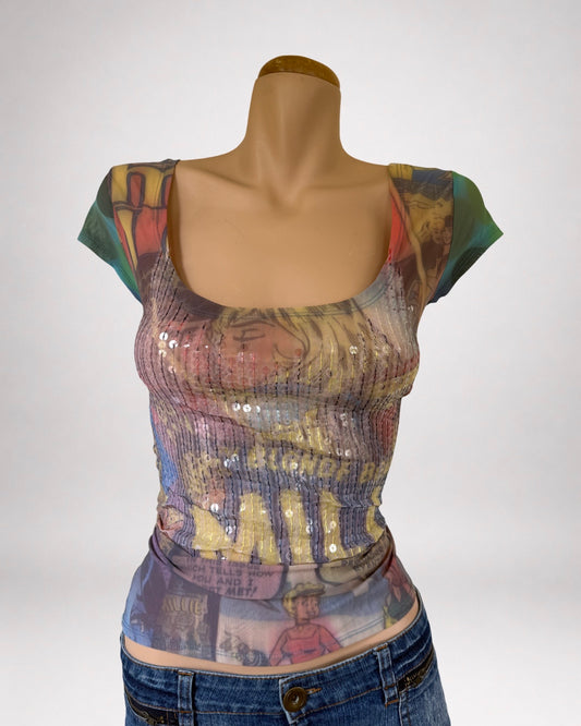 00's Mesh pop-art sequin top w bow at back • Size M