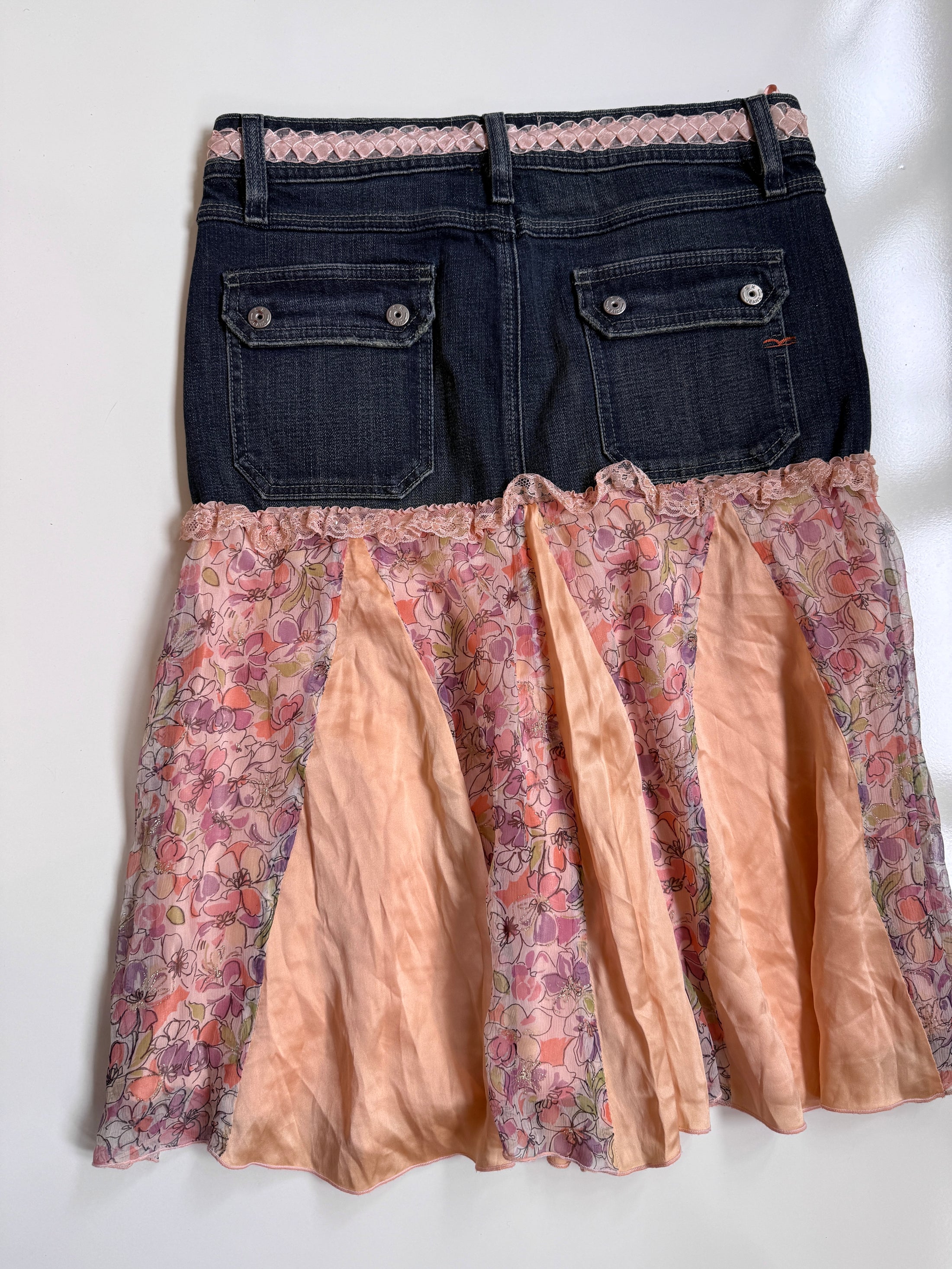 00's French denim sheer midi  w lace ribbon detail • Size 8