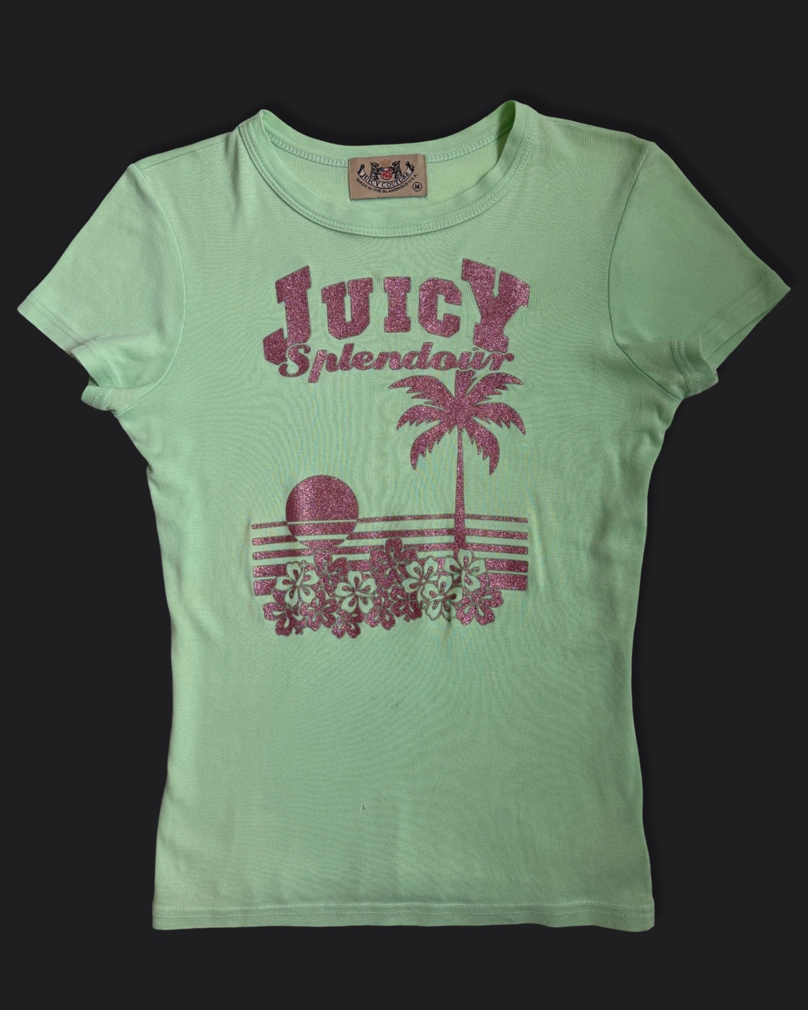 00's Juicy Couture pale green baby tee w glitter print • Size M