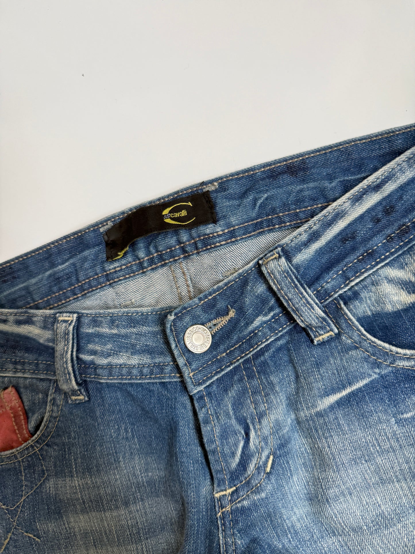 00's Cavalli low-rise jeans w suede pocket detail • Size 6/8