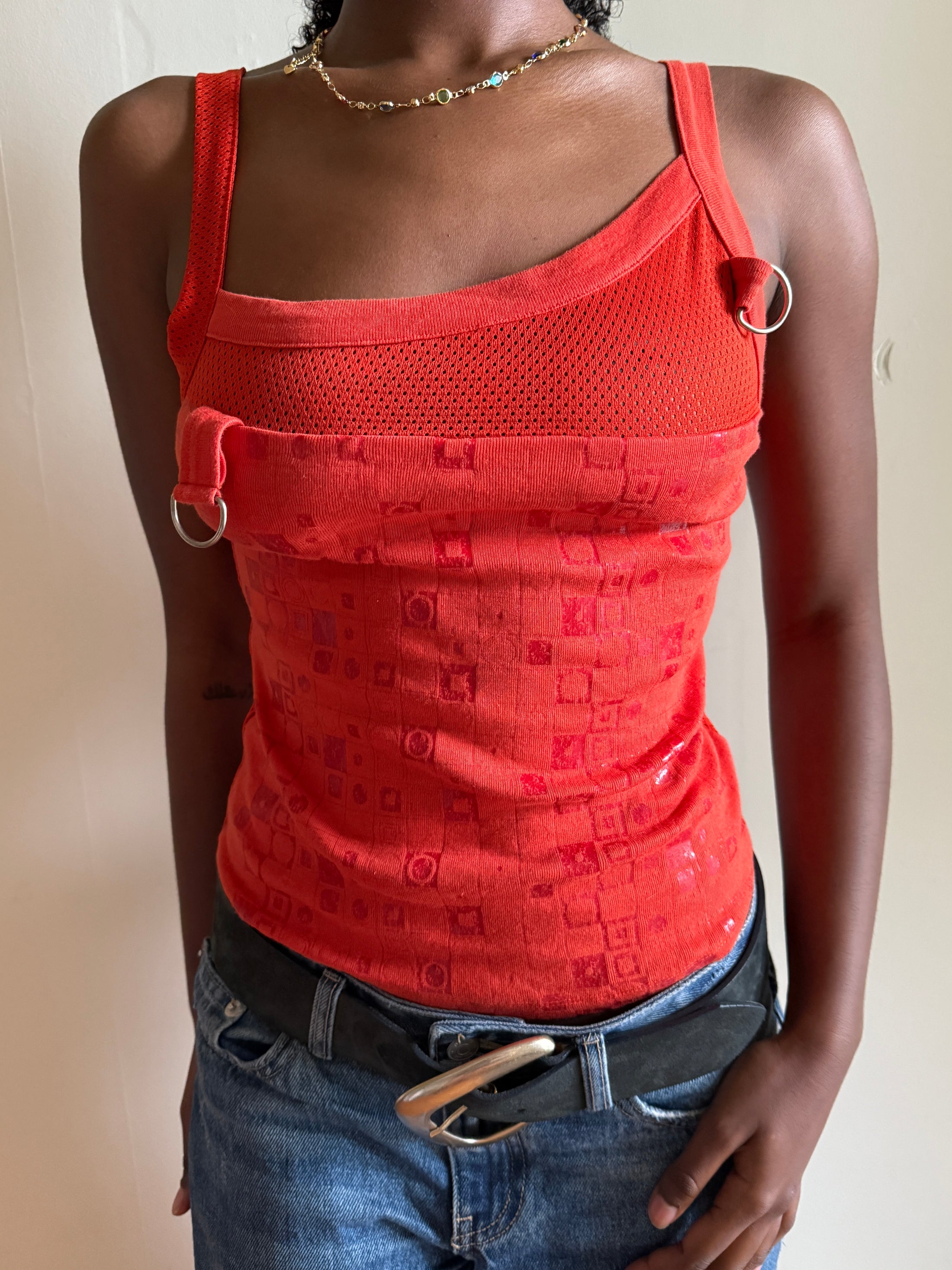 00's Sisley mesh detail graphic print tank • Size S