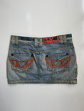 Load image into Gallery viewer, 00's Embroidered heart diamante denim mini • Size 8
