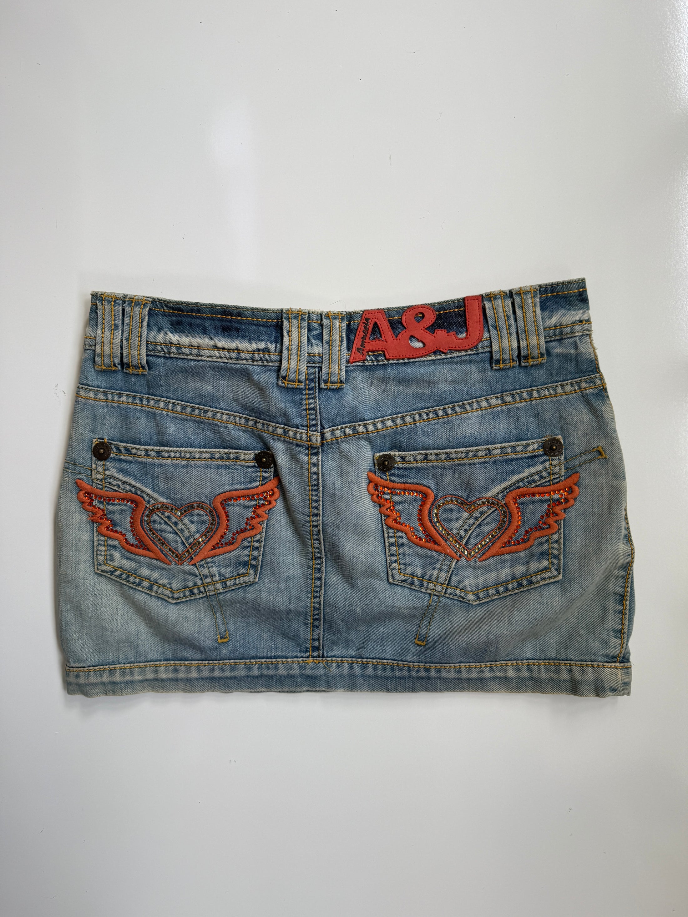 00's Embroidered heart diamante denim mini • Size 8