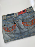 Load image into Gallery viewer, 00's Embroidered heart diamante denim mini • Size 8
