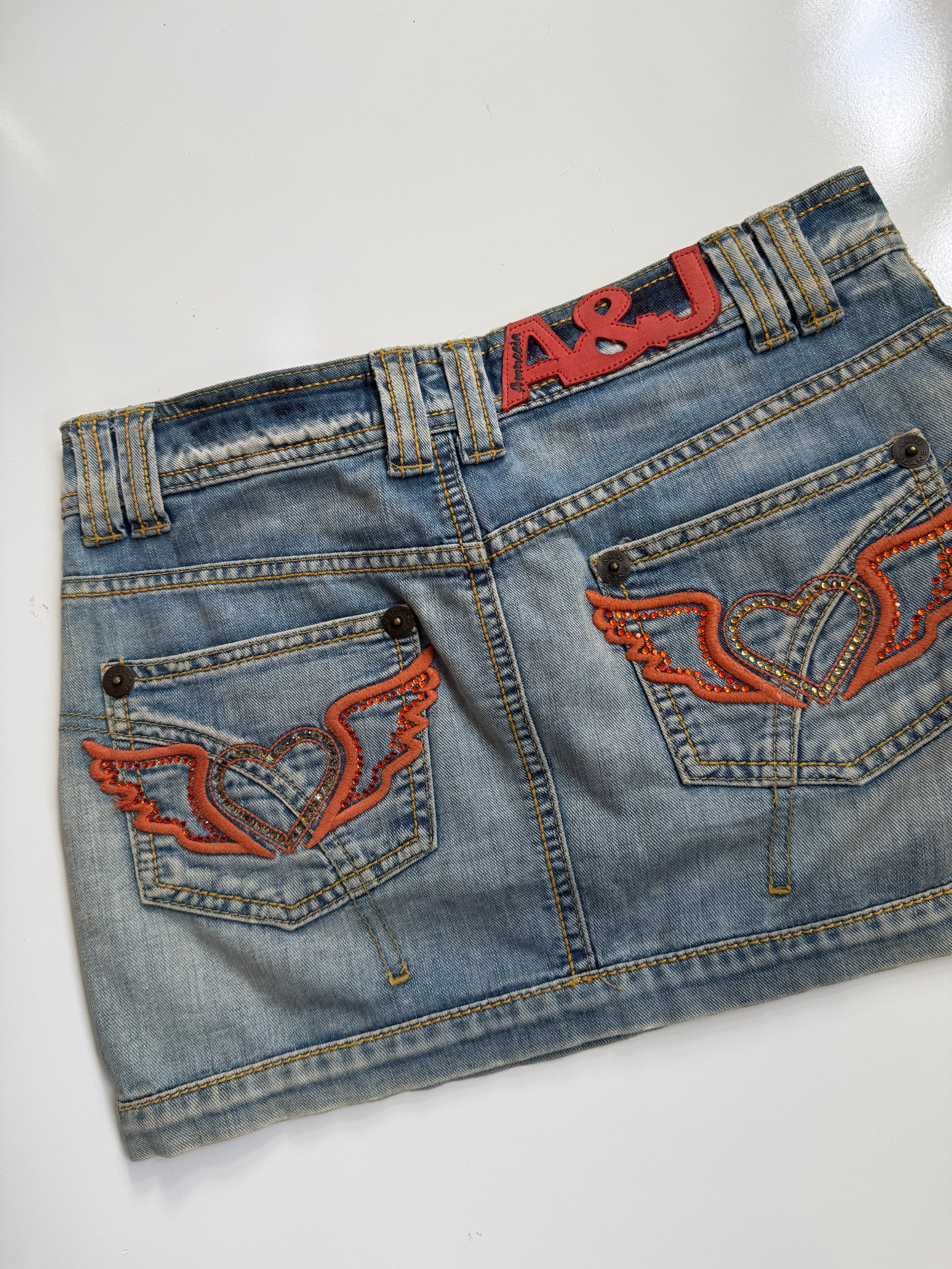 00's Embroidered heart diamante denim mini • Size 8