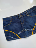 Load image into Gallery viewer, 00's Studded denim micro mini w embroidered back pockets • Size 10
