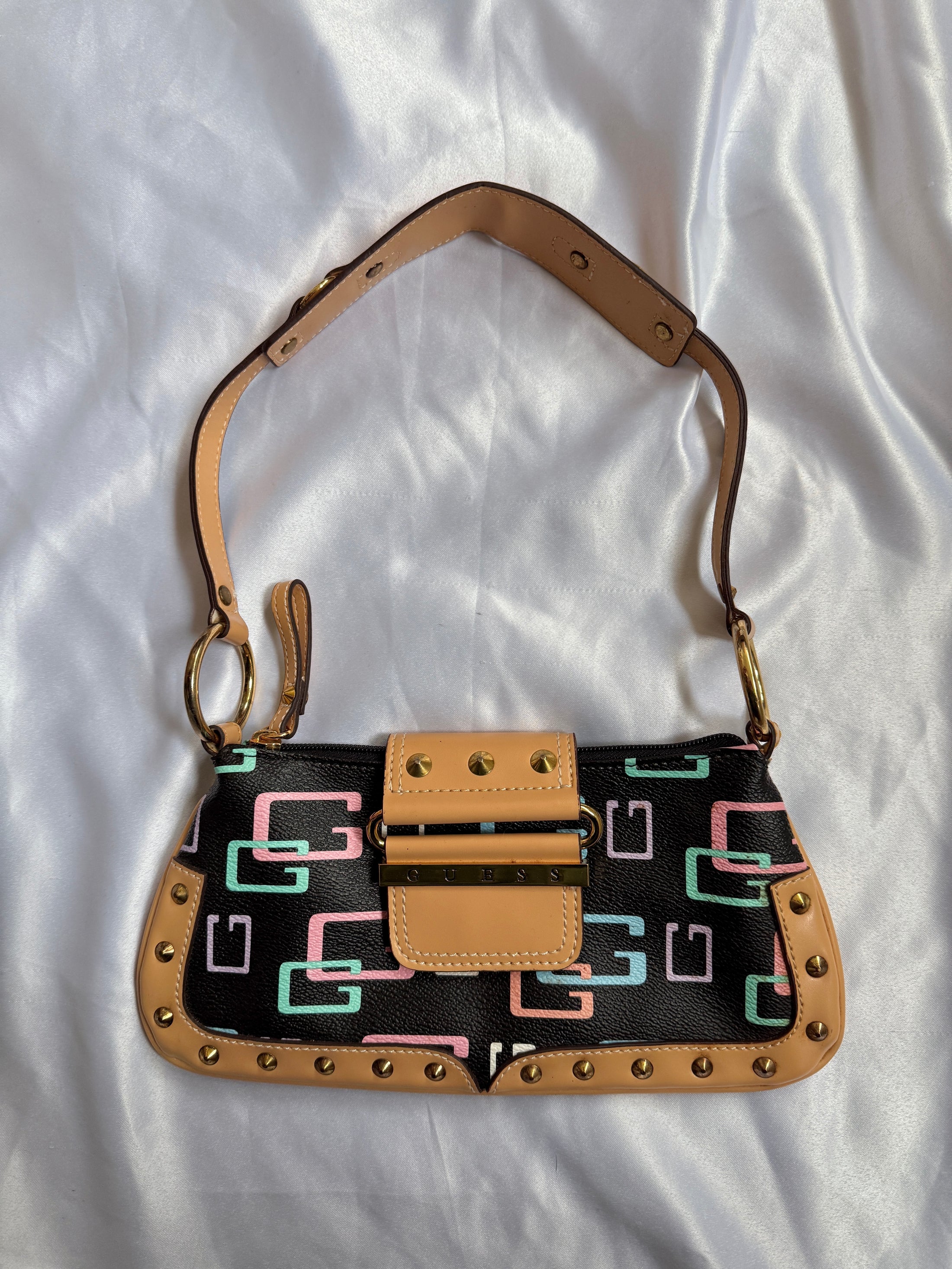 00's Guess studded multicolour monogram baguette bag