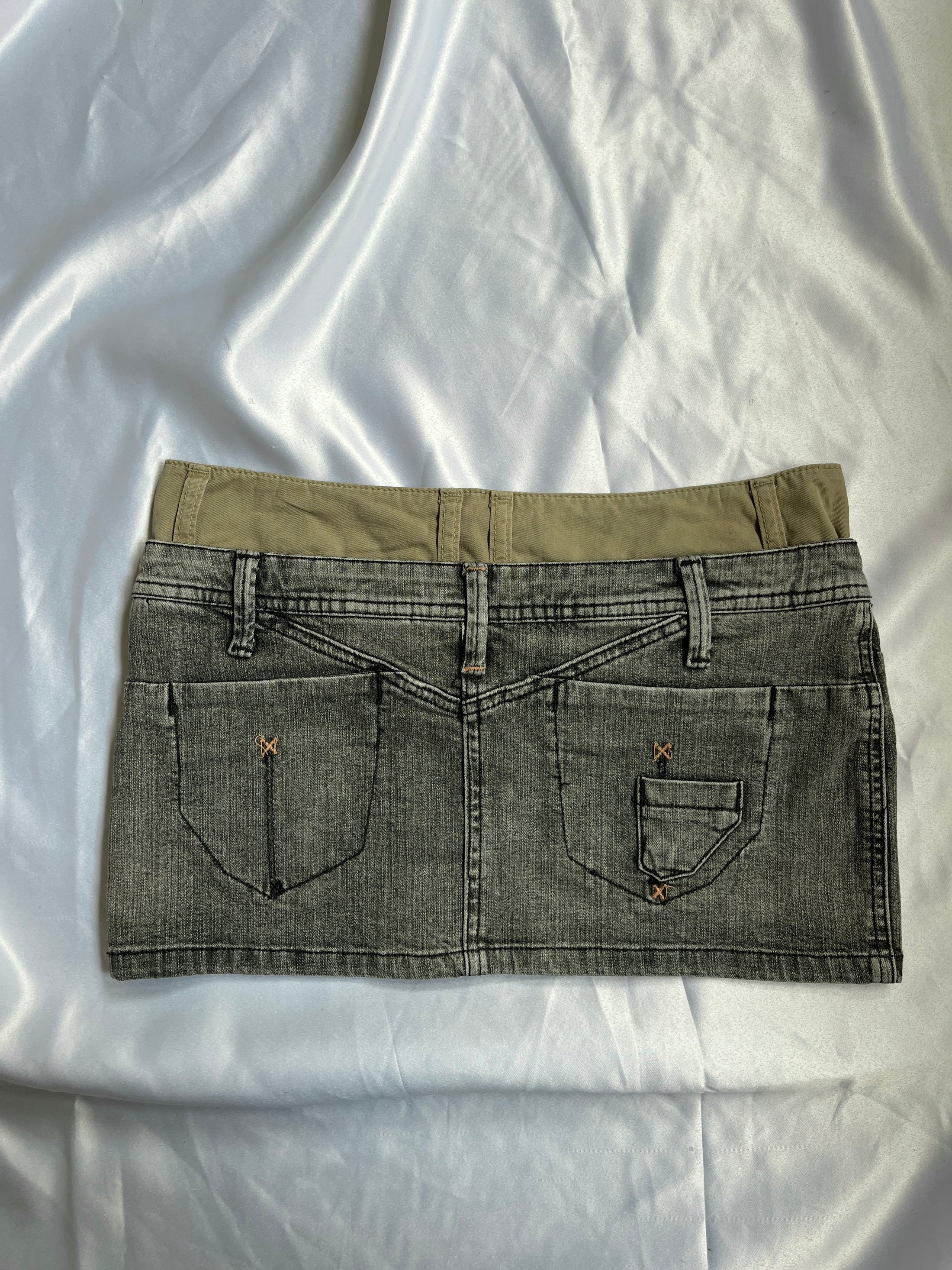 00's Grey wash denim micro mini w khaki trim