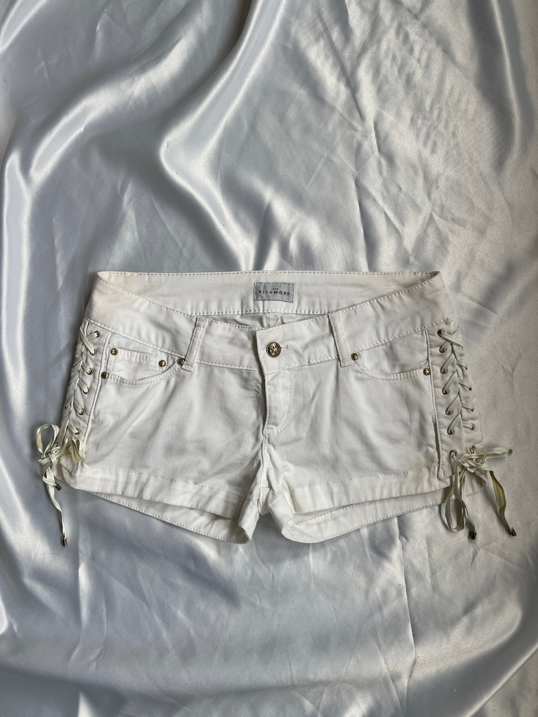 00's White lace up denim micro shorts