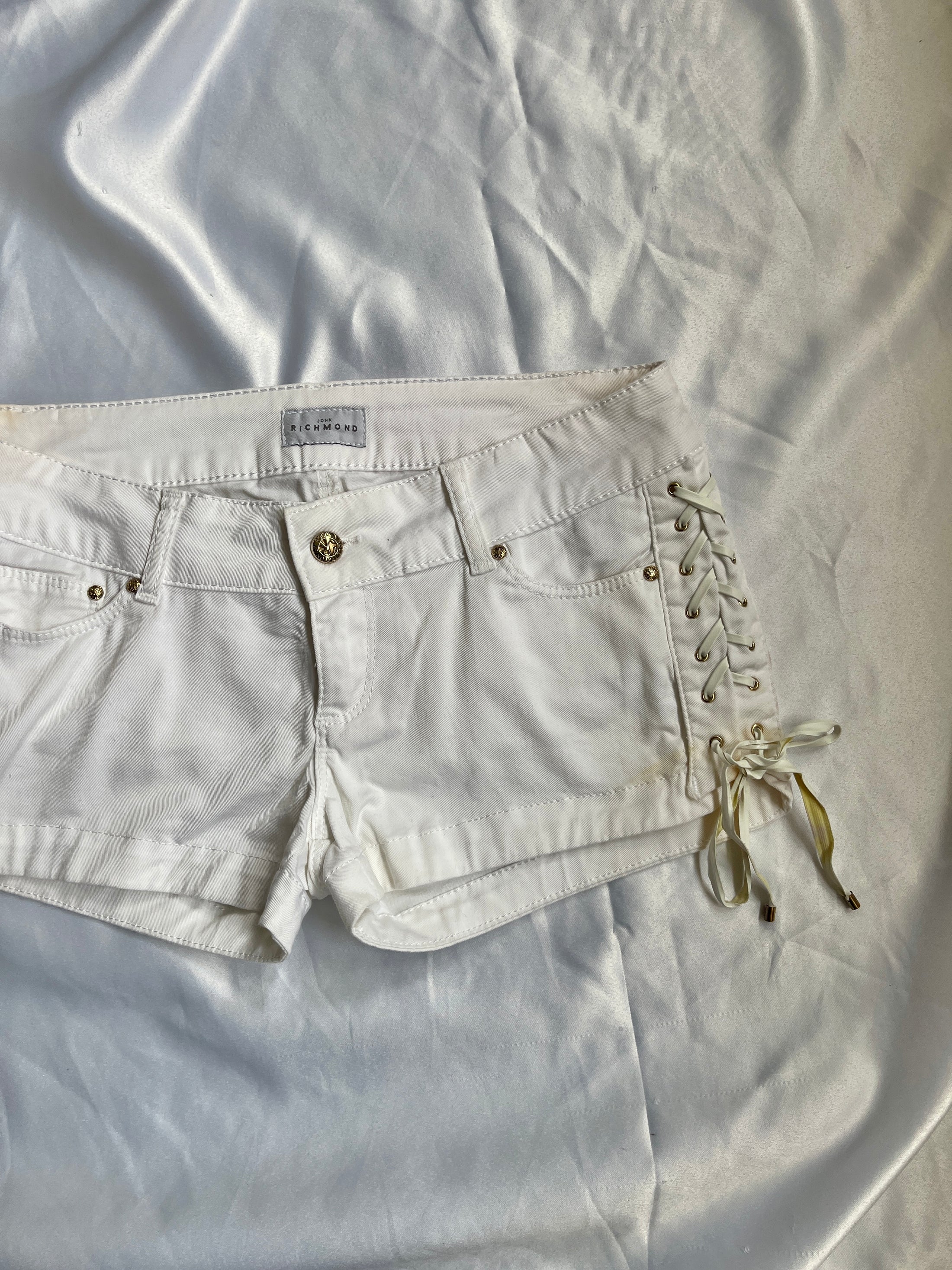 00's White lace up denim micro shorts