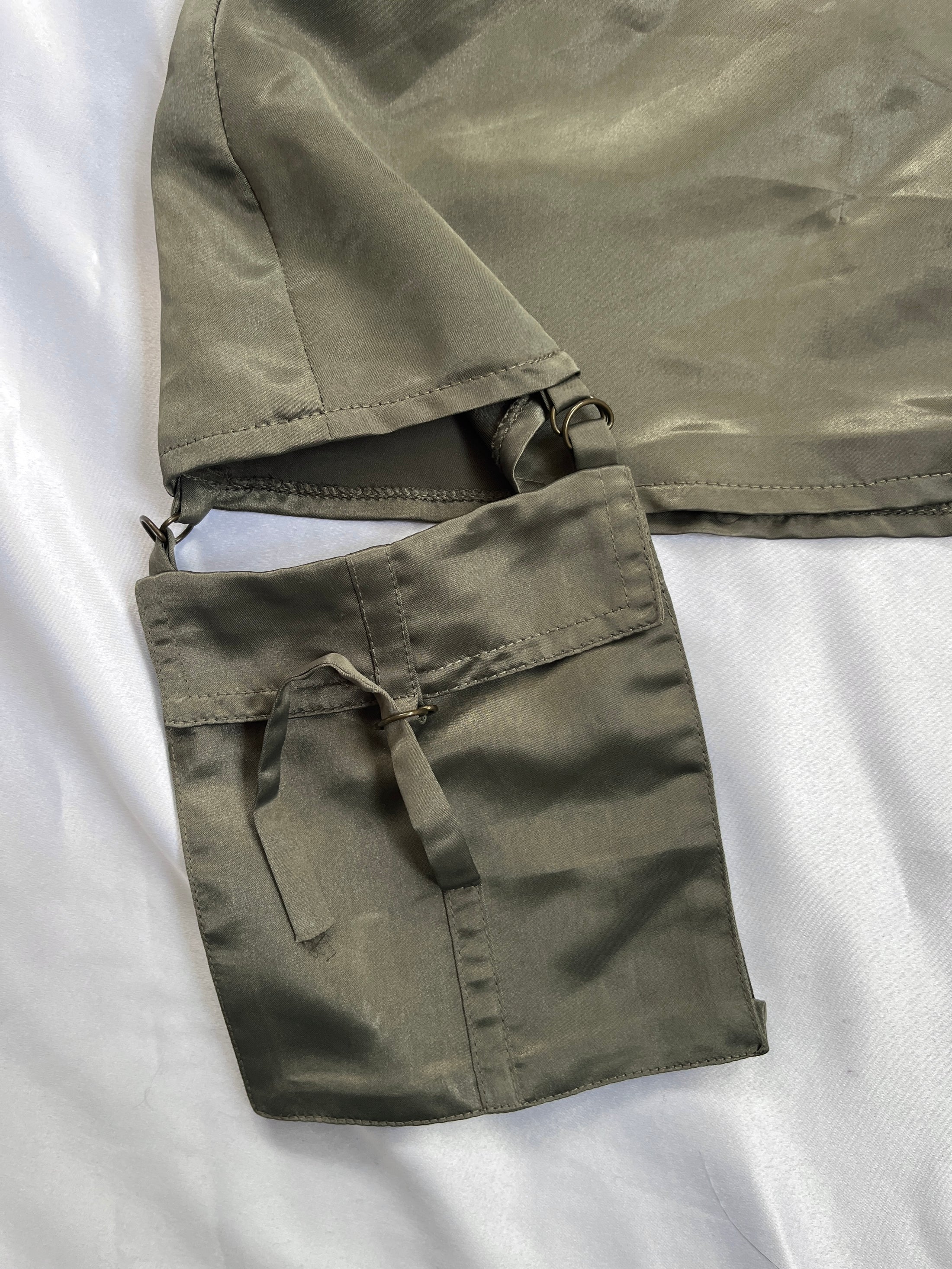 00's Khaki satin micro mini w attached cargo pockets • Size 8