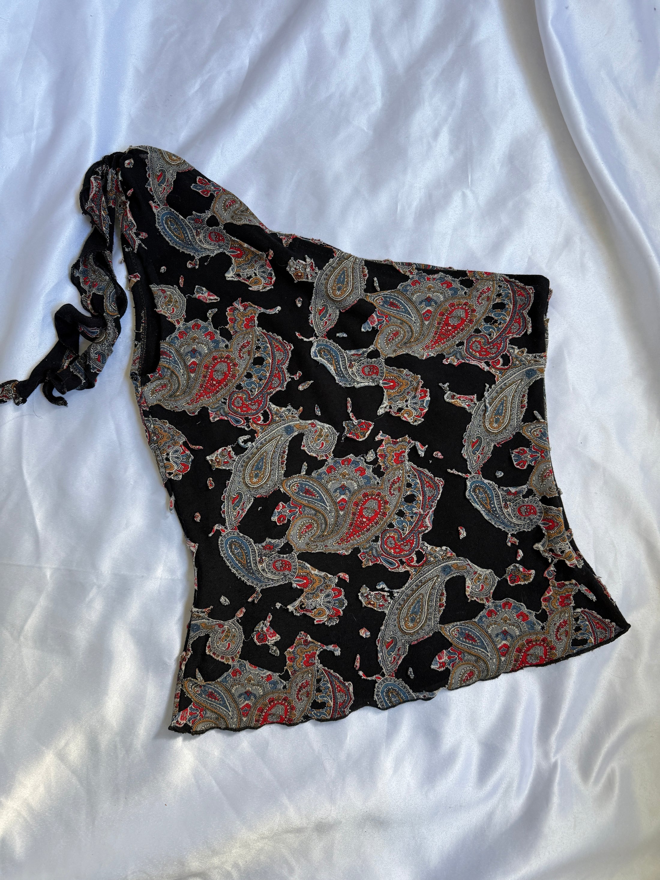 00's Mango cotton one shoulder w patchwork pattern