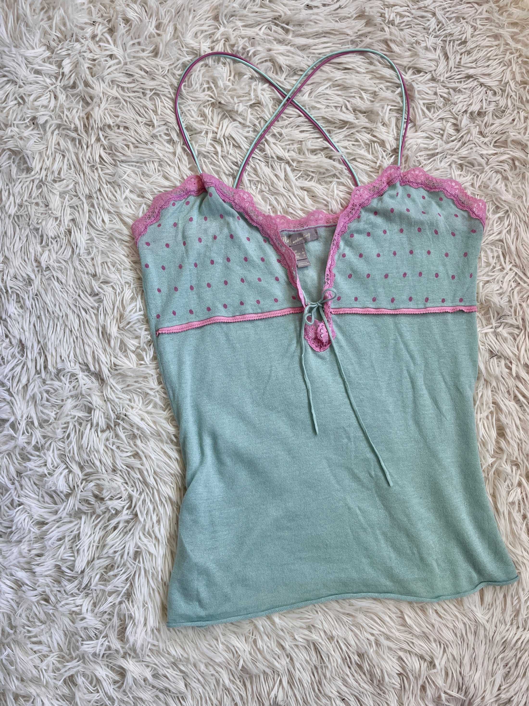 00's MNG pale turquoise knit cami w polka dots