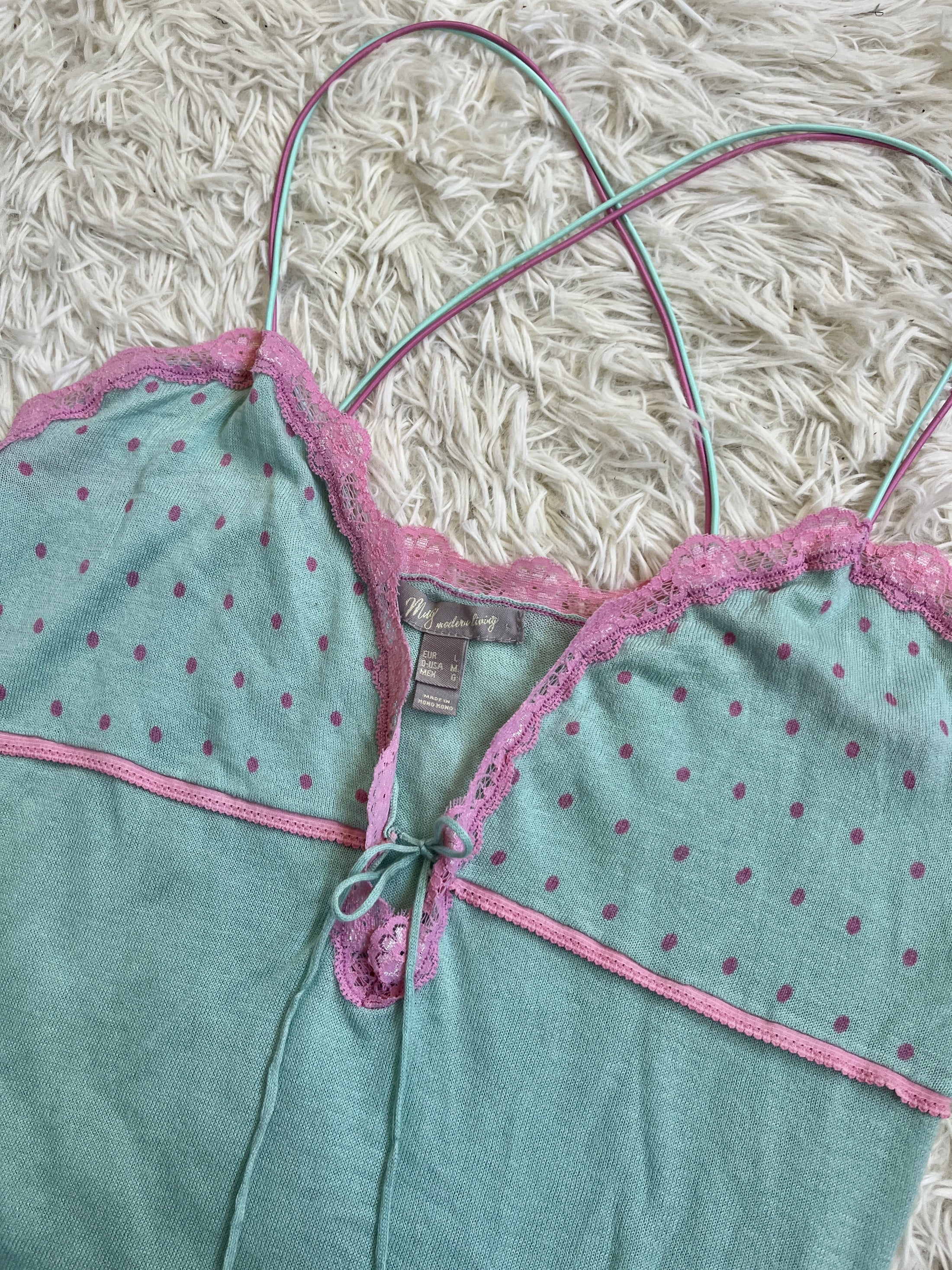 00's MNG pale turquoise knit cami w polka dots