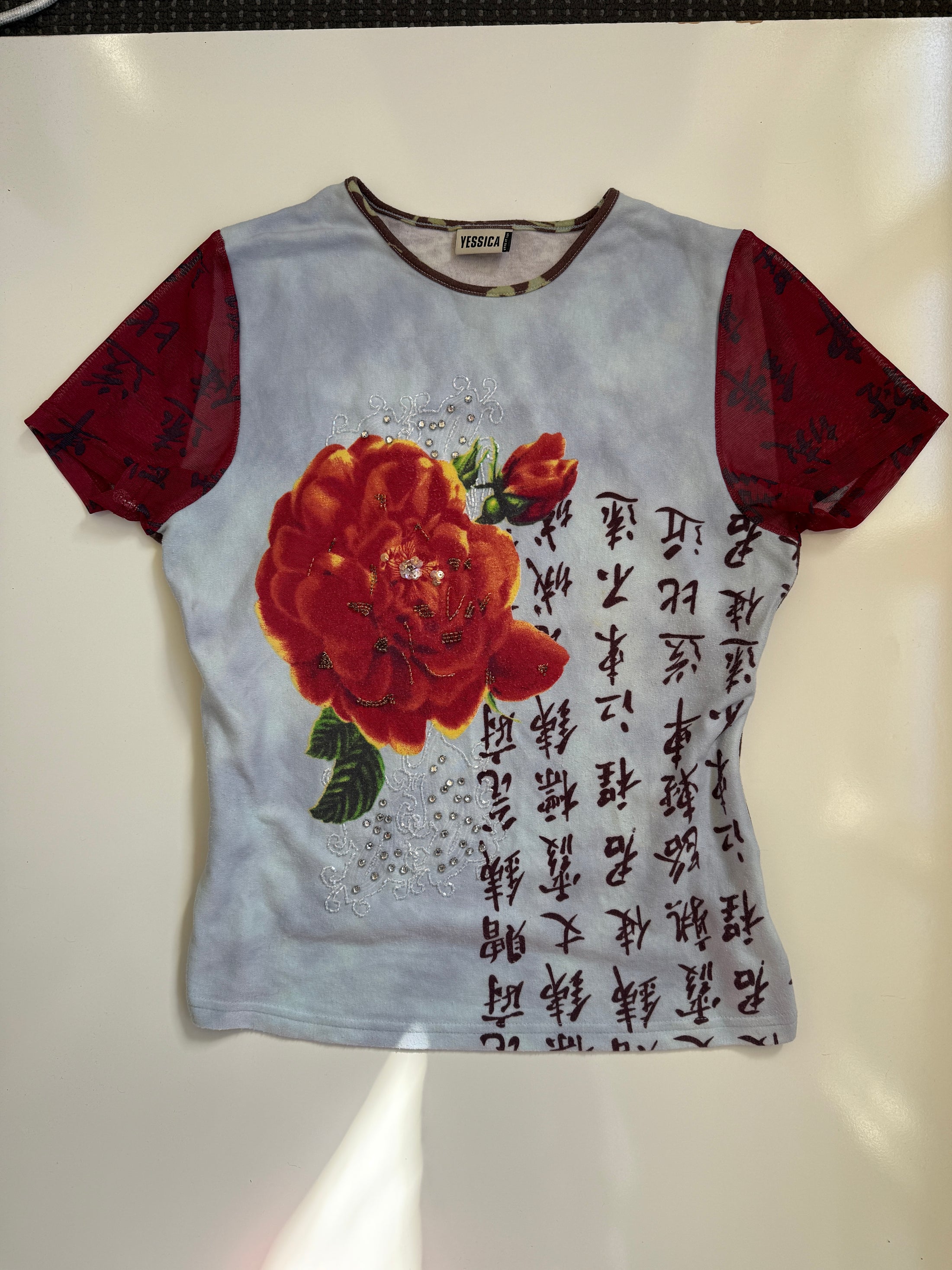 00's Chinese character print sequin baby tee w mesh sleeves  • Size XL