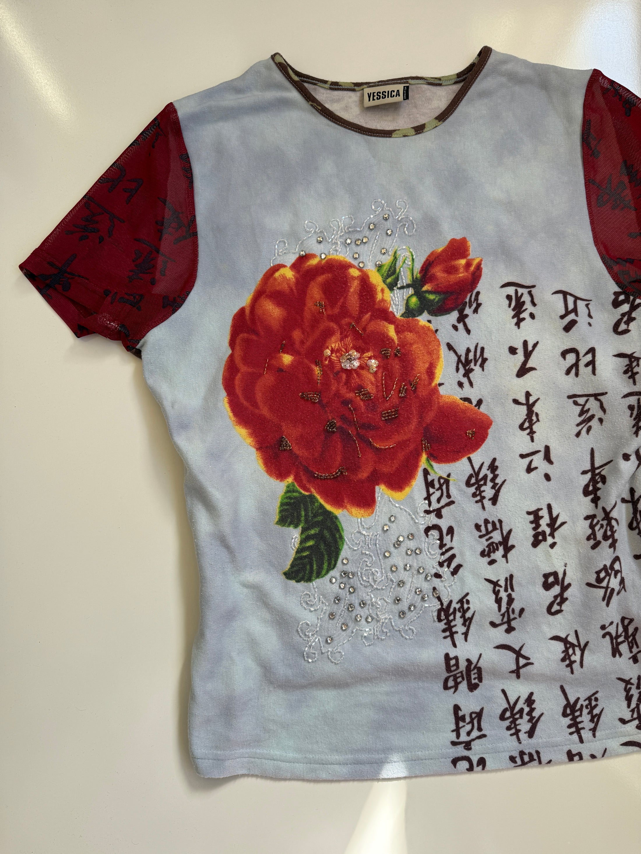 00's Chinese character print sequin baby tee w mesh sleeves  • Size XL