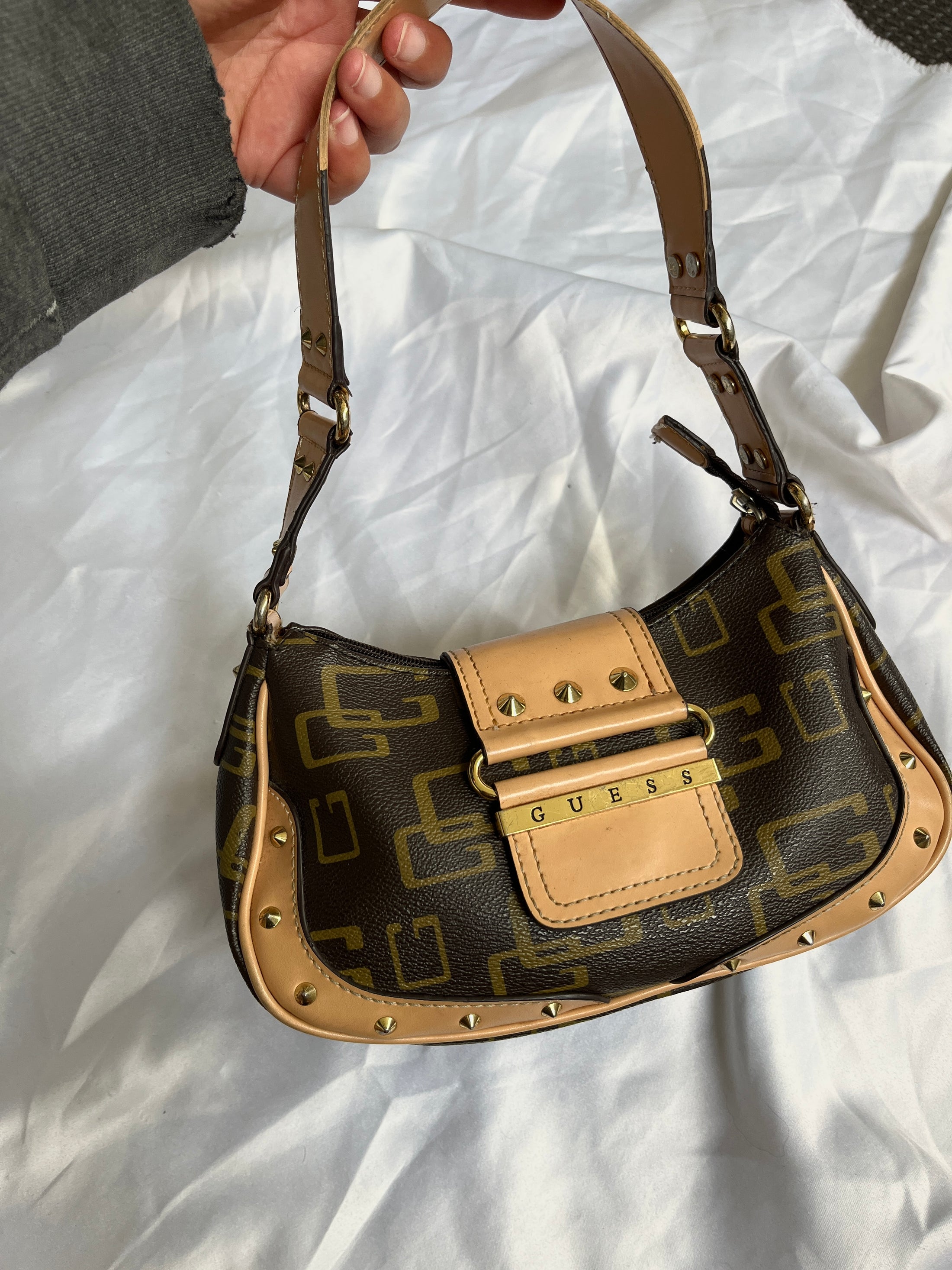 00's Guess Faux leather monogram studded buckle bag