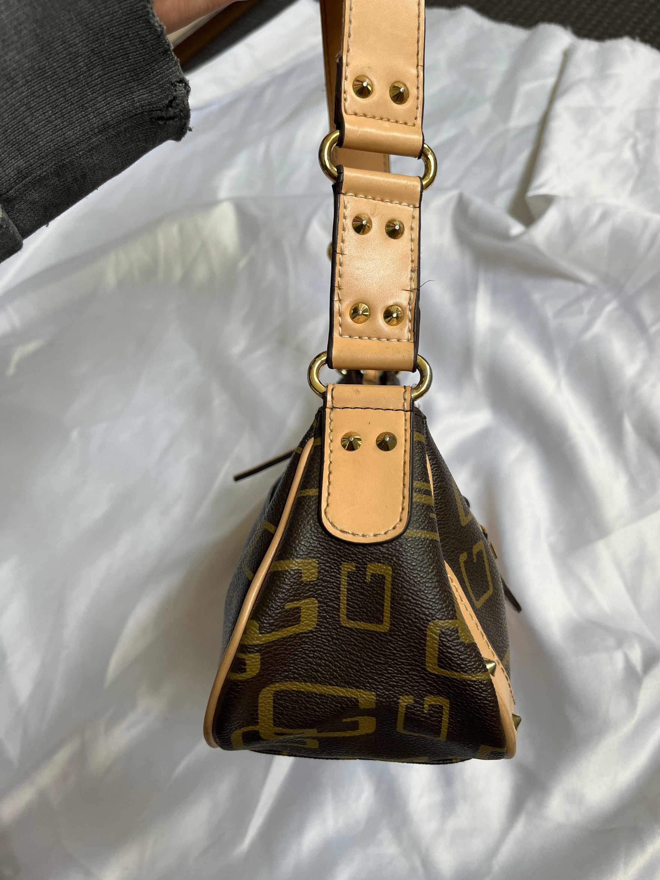 00's Guess Faux leather monogram studded buckle bag