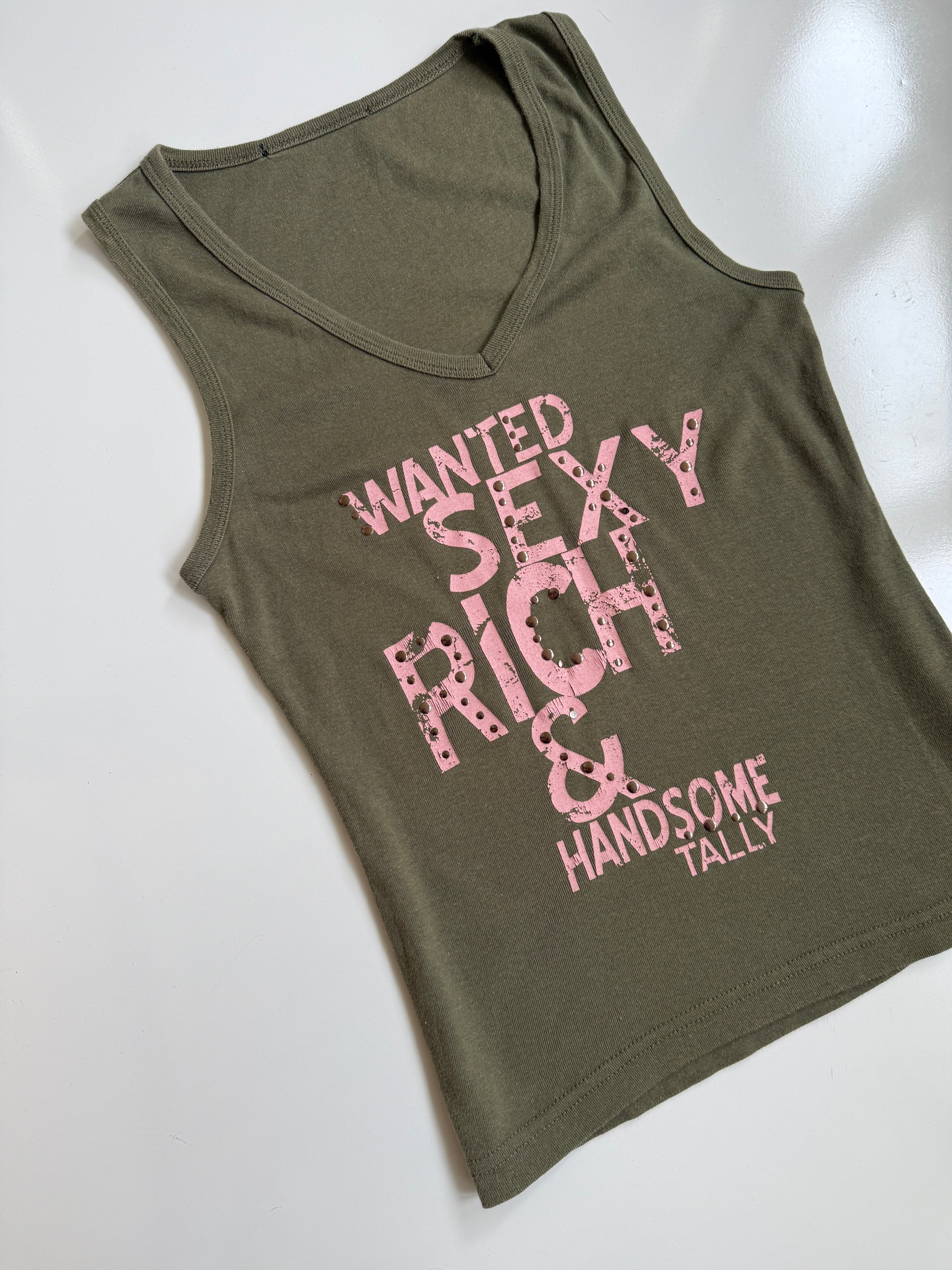 00's Tally Weijl khaki tank w baby pink studded print • Size S