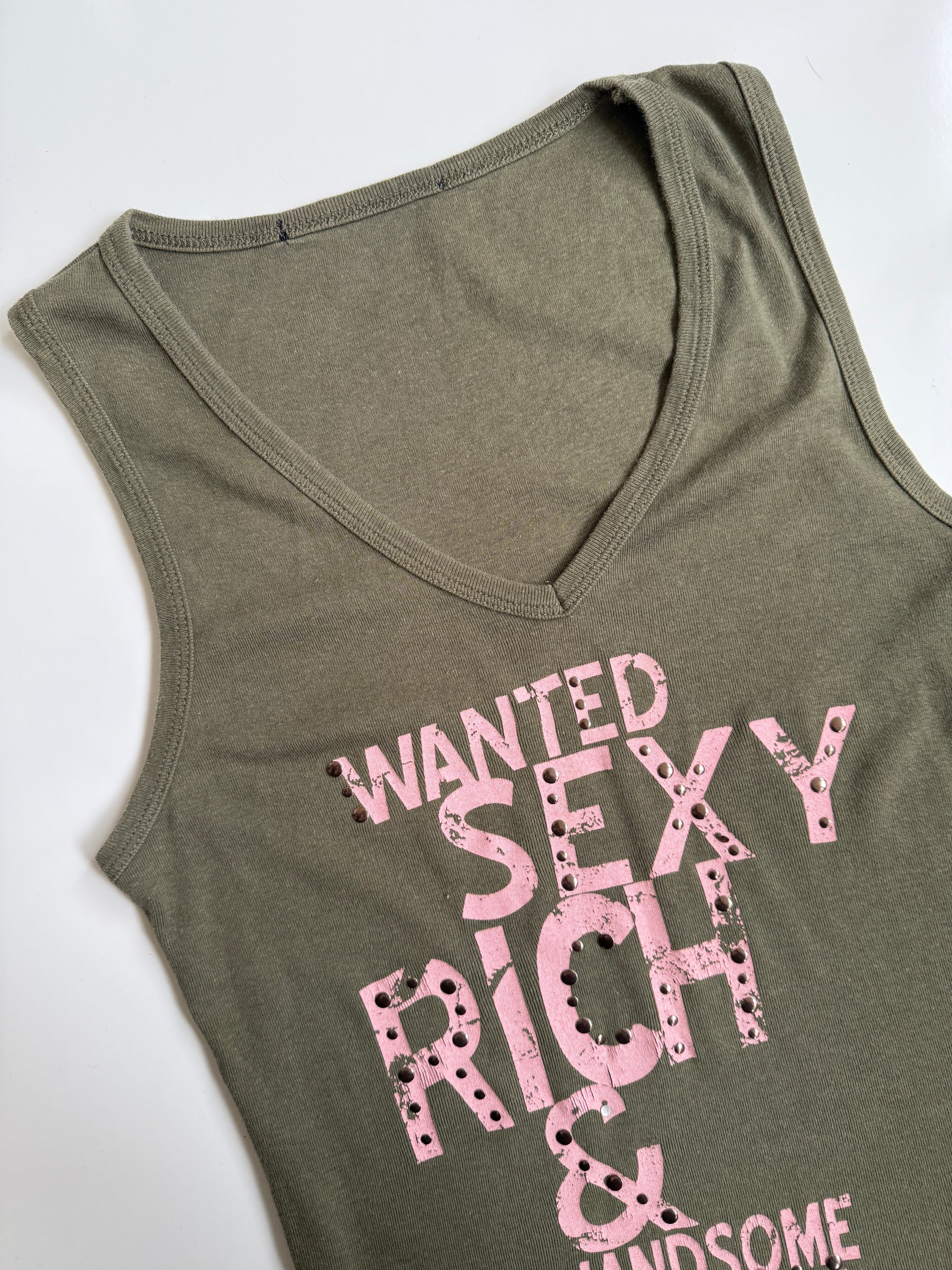 00's Tally Weijl khaki tank w baby pink studded print • Size S