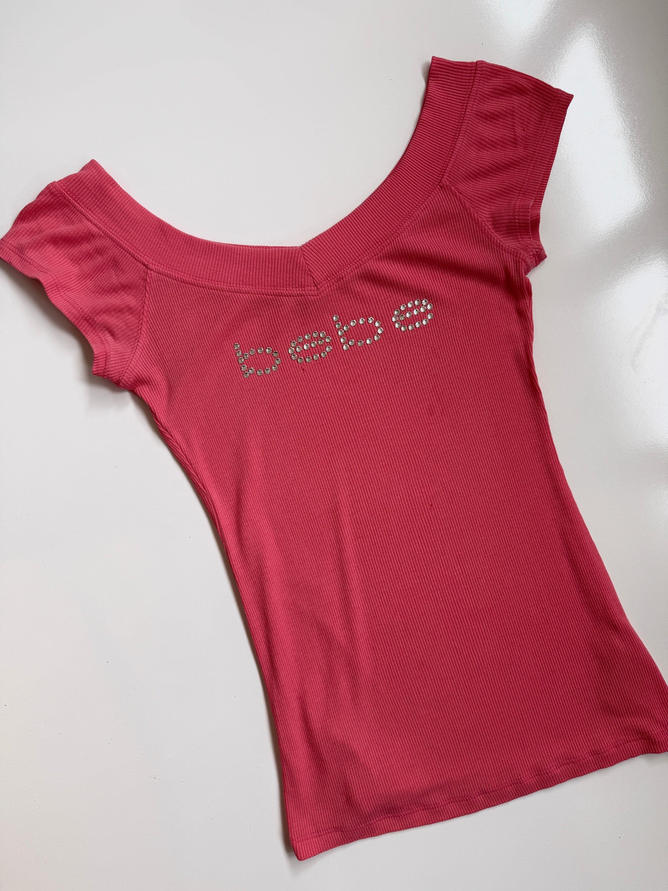 00's Bebe diamante ribbed off the shoulder• Size S