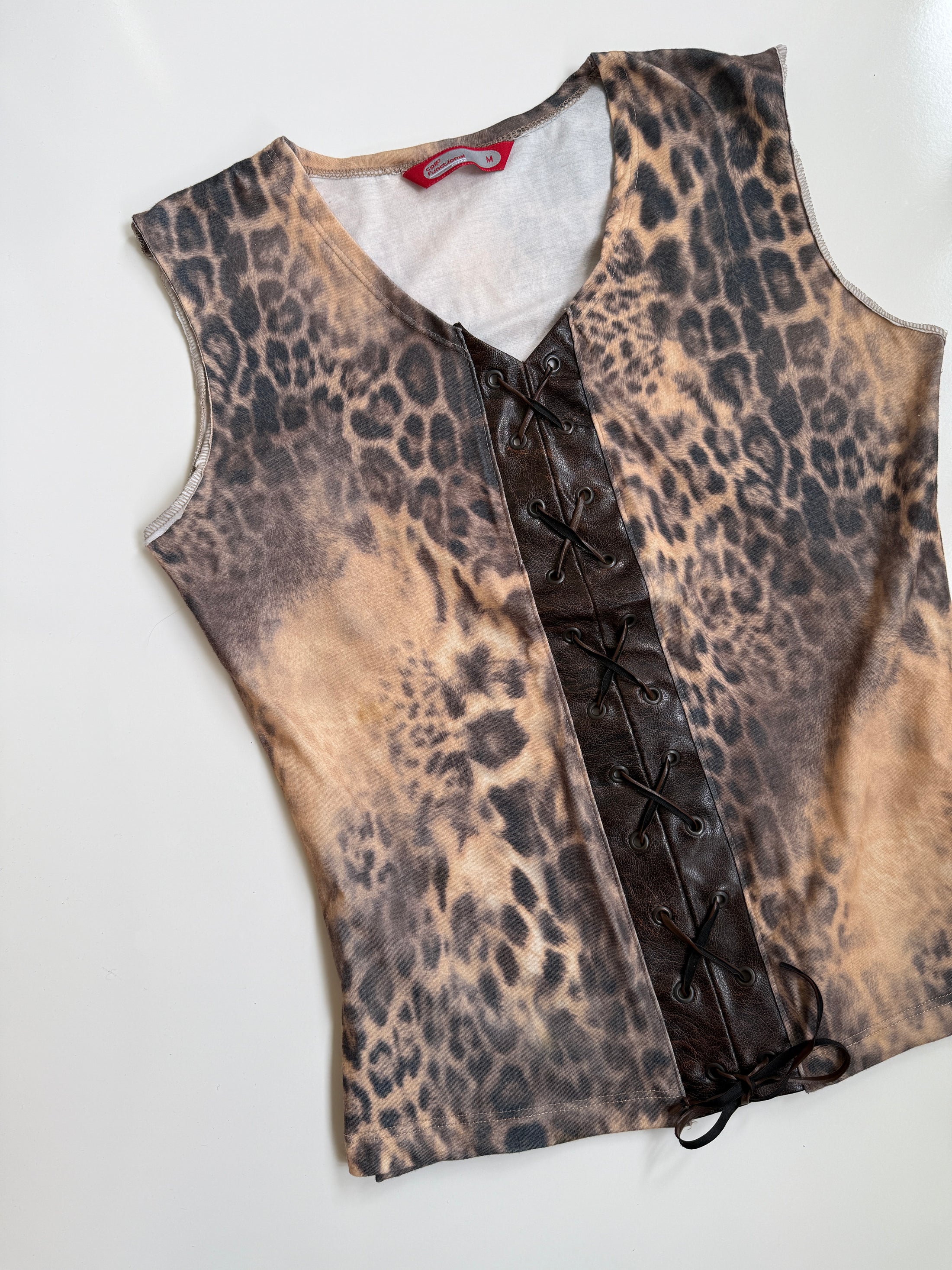 00's Leopard faux leather lace up tank • Size M