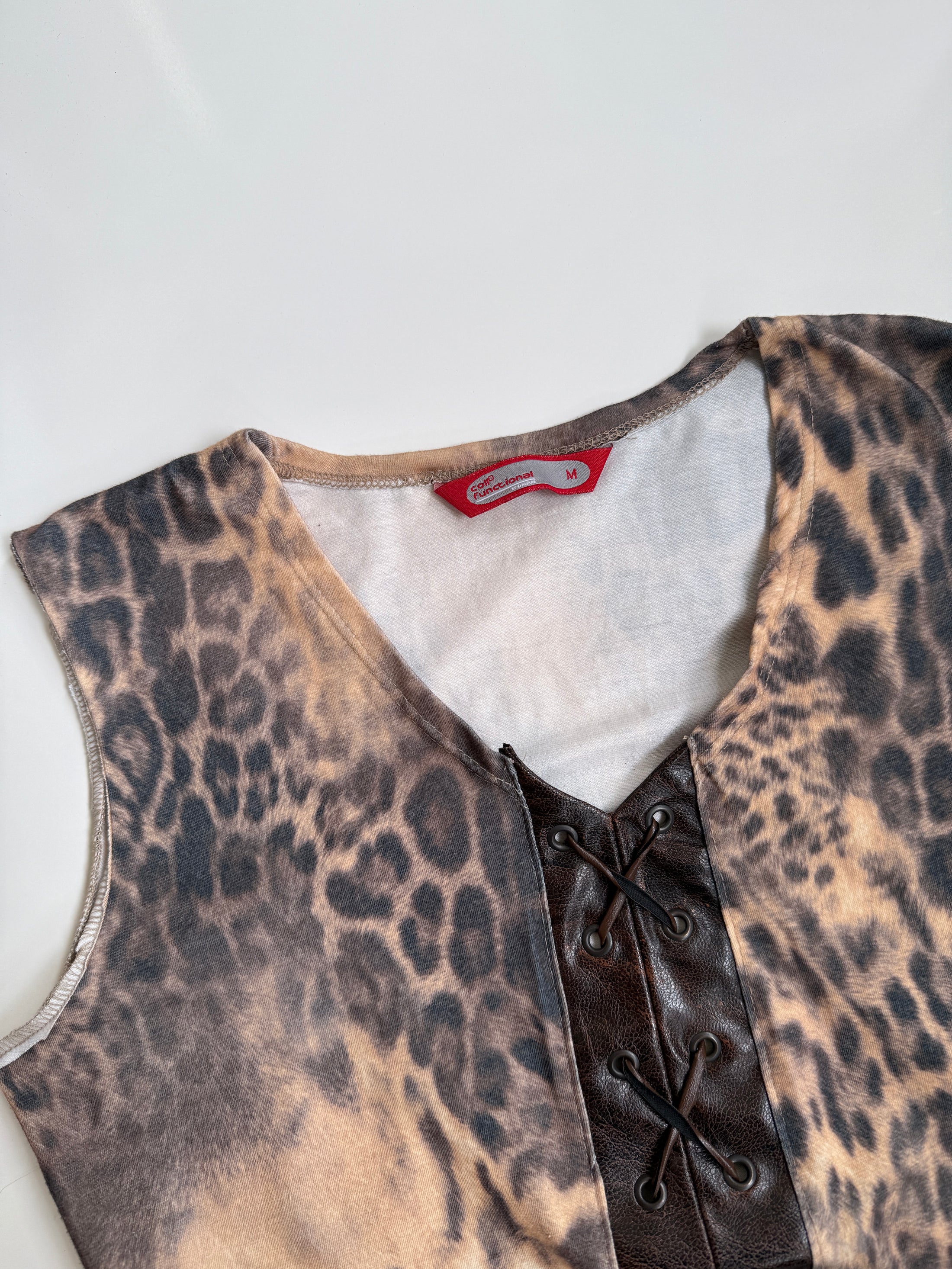 00's Leopard faux leather lace up tank • Size M