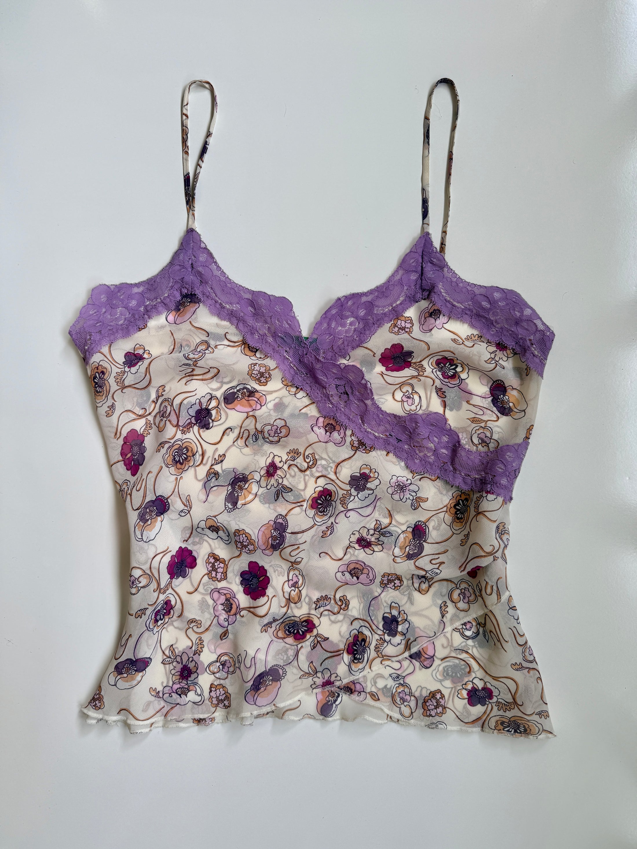 00's Italian Bennetton sheer cami w lace trim • Size XS