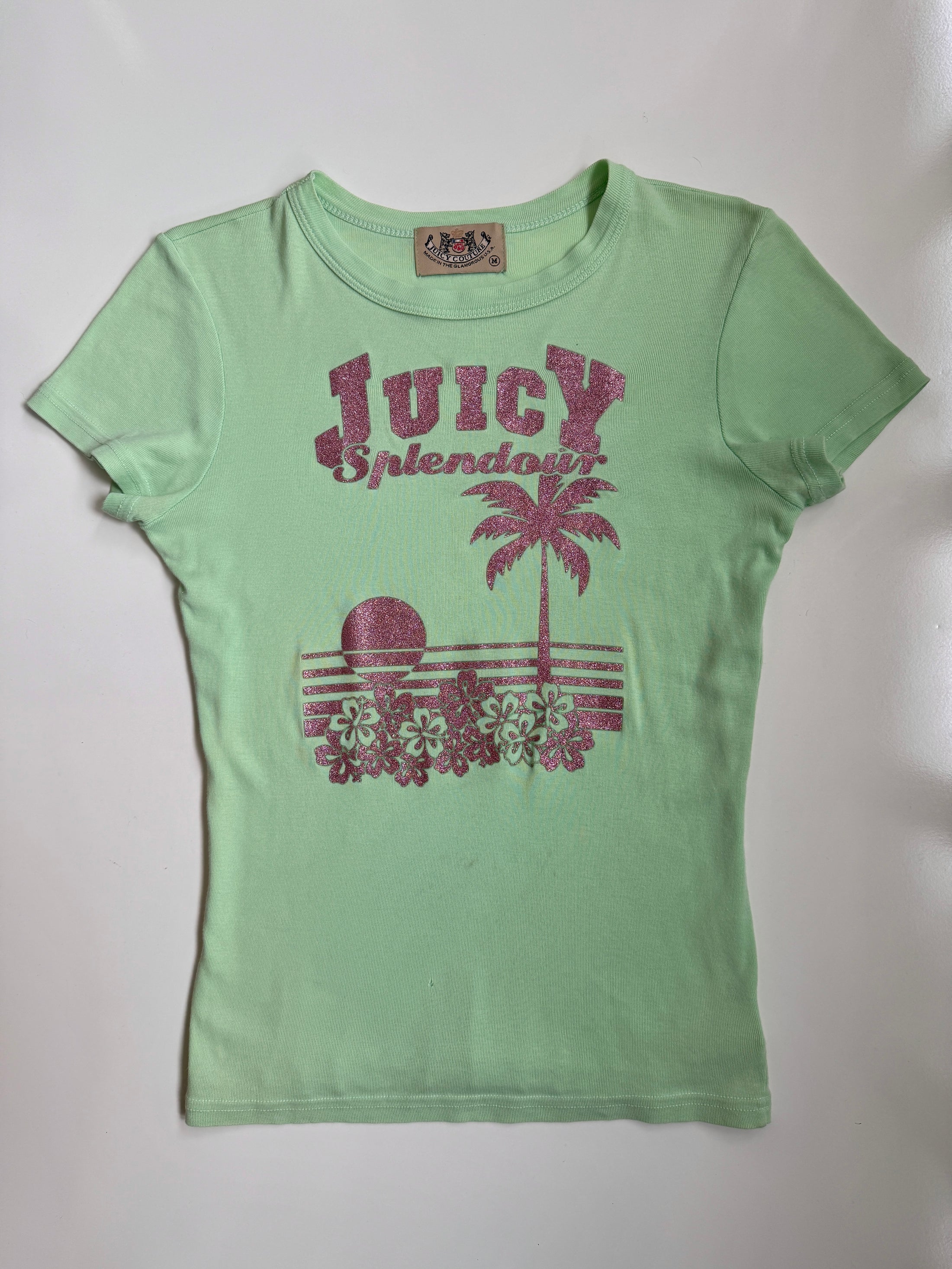 00's Juicy Couture pale green baby tee w glitter print • Size M