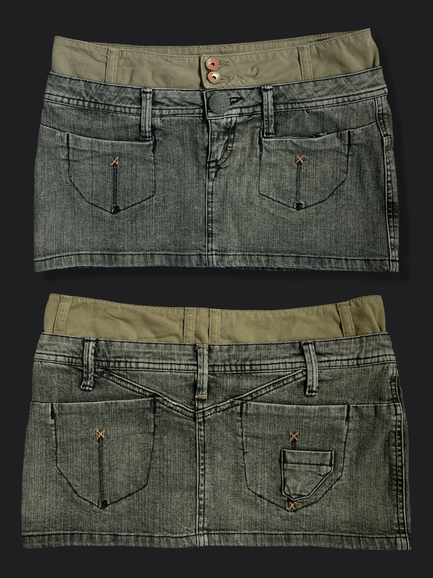 00's Grey wash denim micro mini w khaki trim