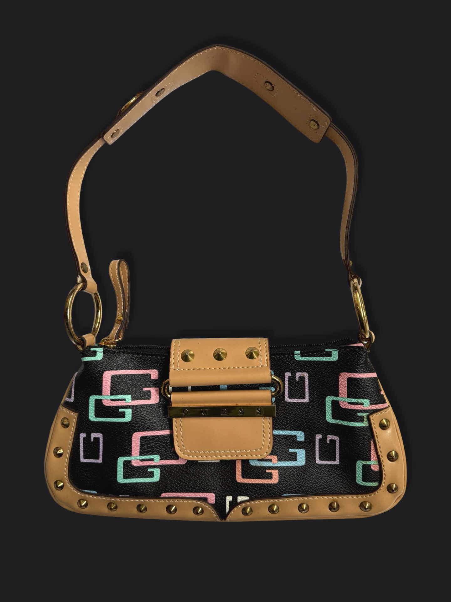 00's Guess studded multicolour monogram baguette bag