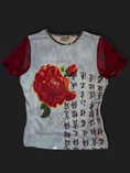 Load image into Gallery viewer, 00's Chinese character print sequin baby tee w mesh sleeves  • Size XL
